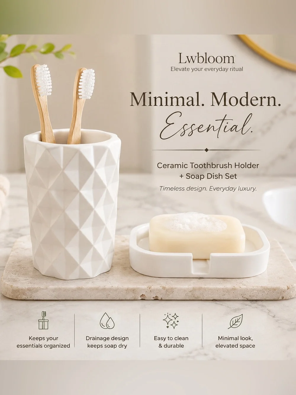 Lwbloom White Ceramic Geometric Toothbrush Holder and Soap Dish Set